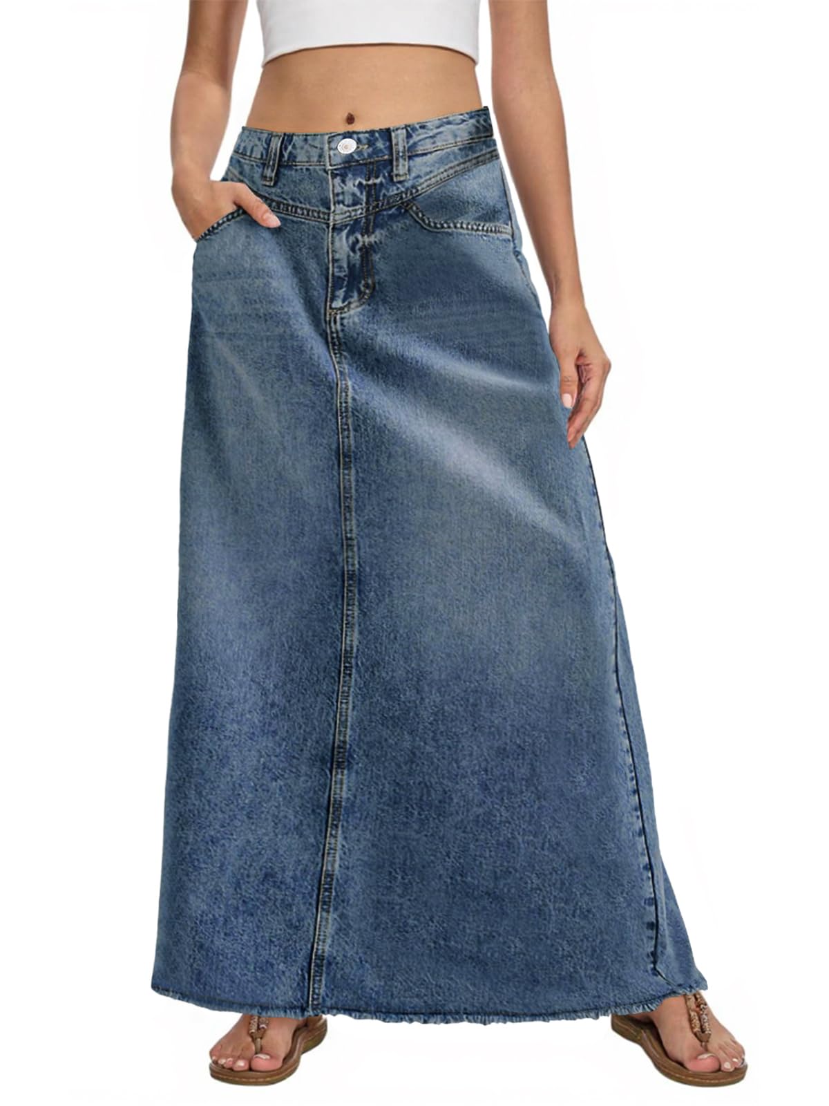 Fisoew Women's Vintage Denim Maxi Skirt Casual High Waist A-Line Frayed Hem Long Jean Skirt with Pockets