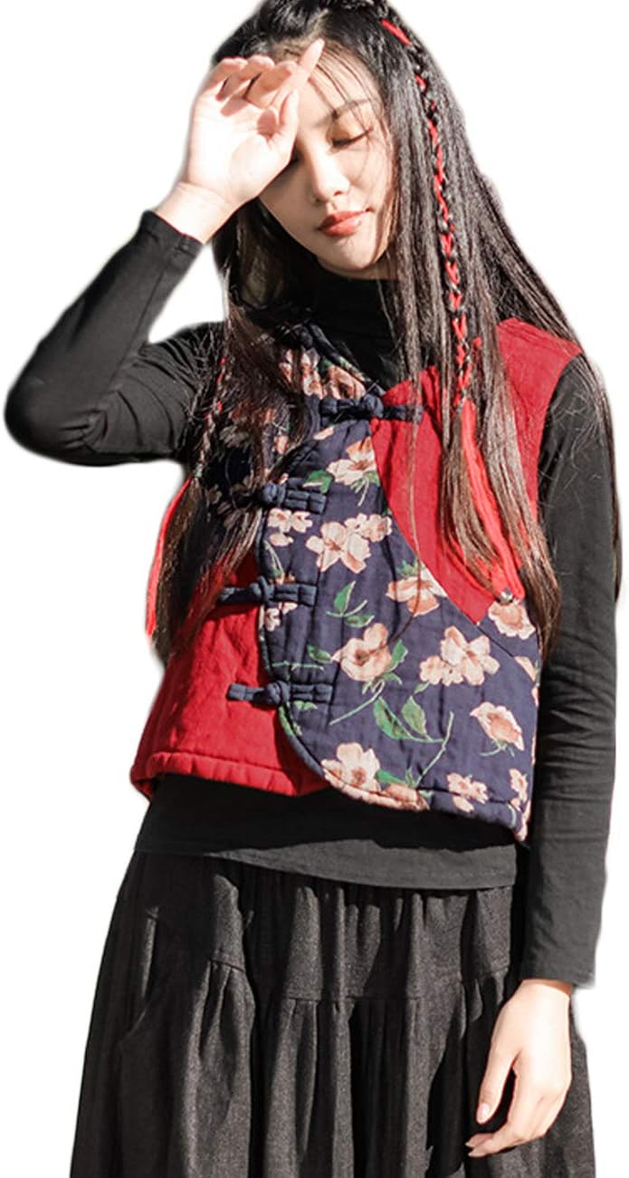 LZJN Women's Floral Printed Jacket Vest Coat Waistcoat Patchwork Contrast Color Warm Padded Winter Clothes Outwear