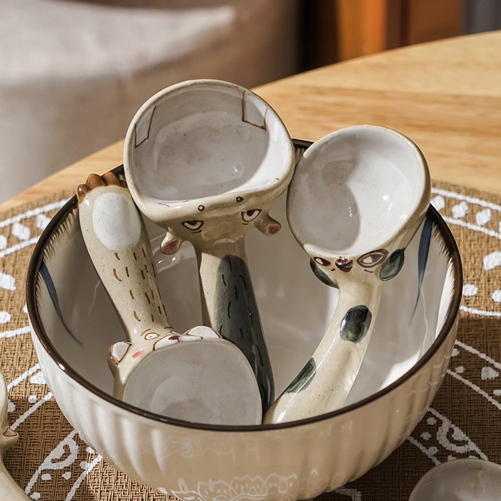 Lot de 2 cuillères à soupe en céramique faites à la main avec manche court pour crème glacée et riz (assortiment de 5 pièces)