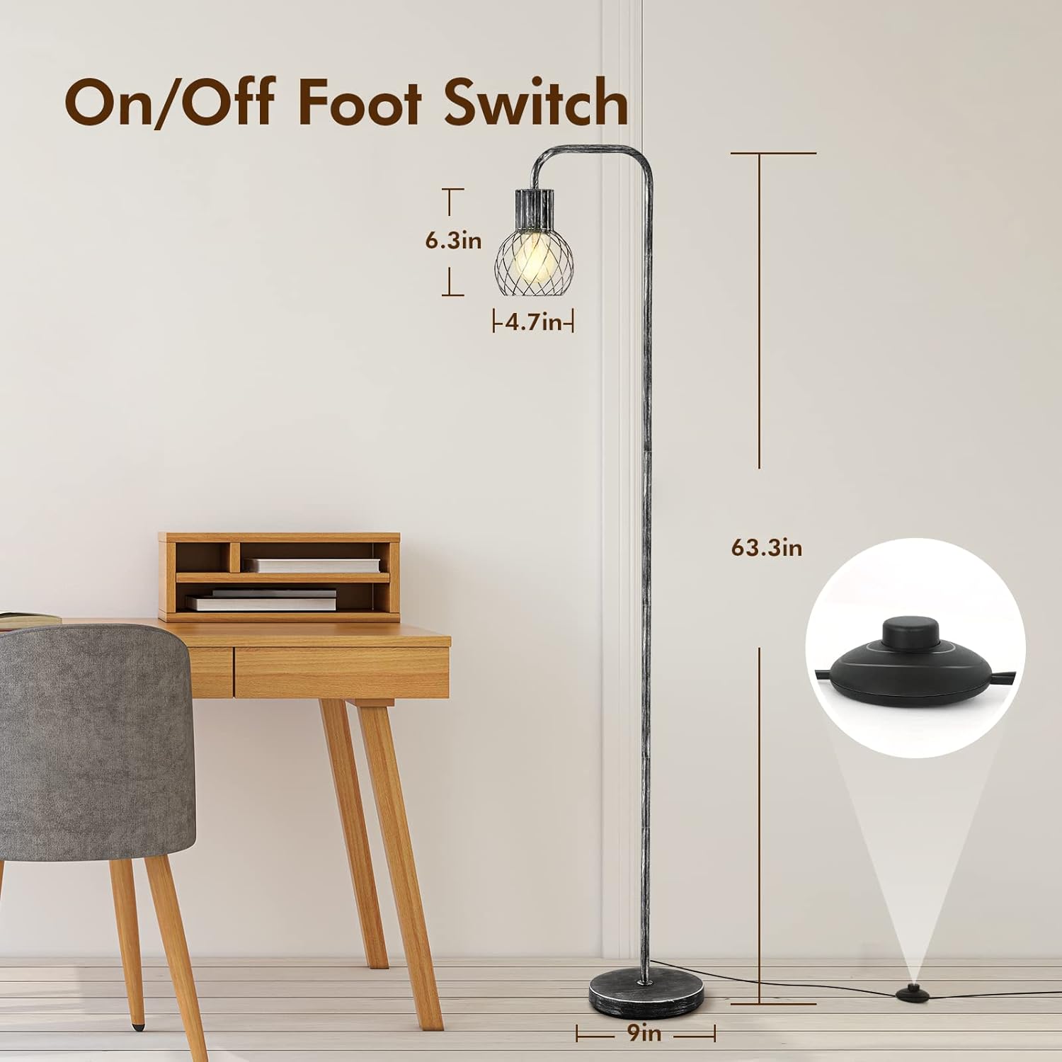 Industrial Floor Lamp, Antique Silver Standing Lamp Modern with 6W LED Bulb, Foot Switch, Metal Tall Lamps for Living Room, Bedroom, Office, Den, Vintage Stand Up Lamp, Minimalist Farmhouse Floor Lamp