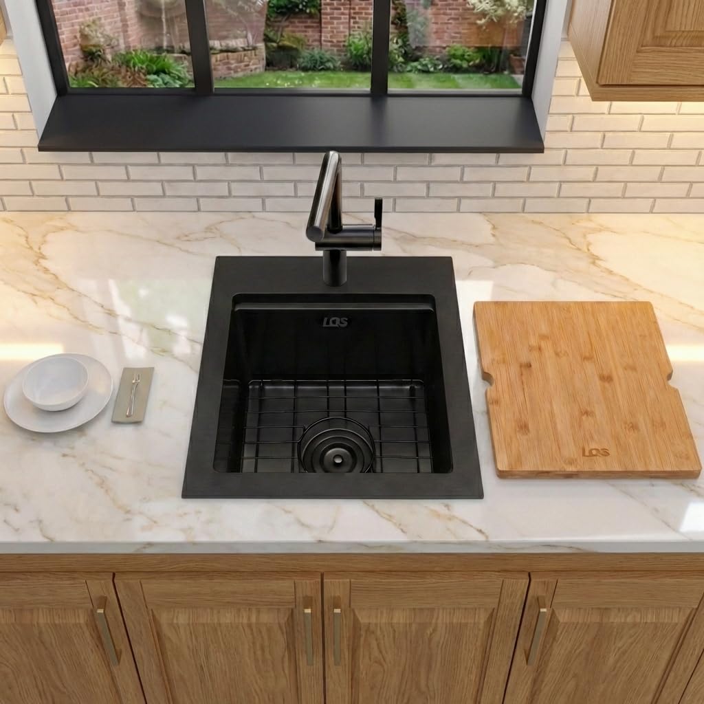 Black Kitchen Sink Drop In, 16” x 18” Small Laundry Sink, Prep Sink with Cutting Board Drop In, Black Stainless Steel Kitchen Sinks with Workstation Ledge For RV, Outdoor and Prep Use