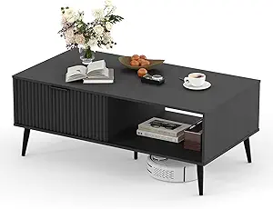 Coffee Table with Storage, Wooden Coffee Tables with Sliding Door and Solid Wood Legs, 2-Tier Cocktail Table, Mid Century Modern Coffee Table for Living Room, Home, Office, Farmhouse, Black