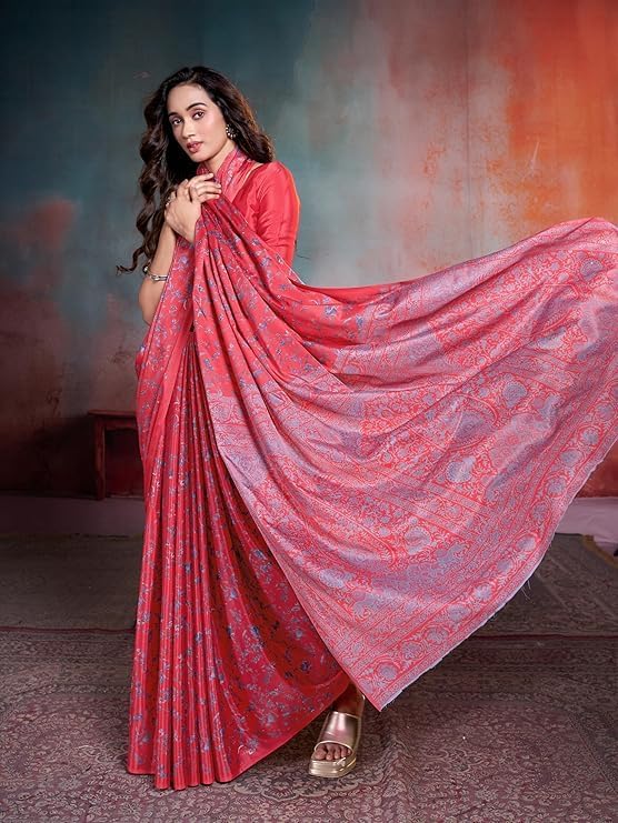 Floral Print Crepe Saree with Unstitched Blouse Piece, Red, 5.5 Meter Saree and 0.8 Meter Blouse
