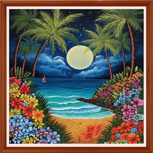 Image of Hopeart Stamped Cross Stitch Kits for Beginner Embroidery Kits for Beginners Adults DIY 11CT Cross Stitch Patterns Needlepoint Kits Crossstitching Kits-Seaside Moon Scenery 18x18 inchs