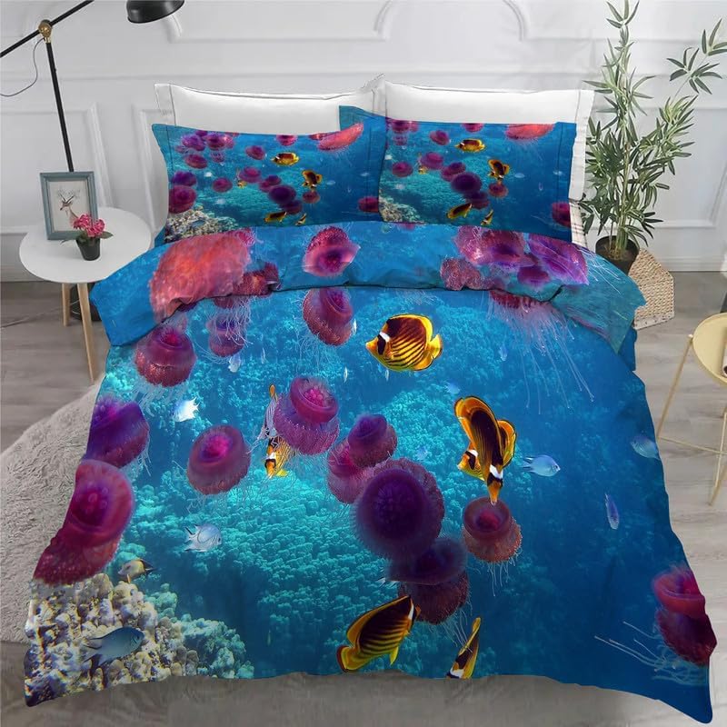 School of Fish Duvet Cover Full Aquatic Creatures Print Bedding Sets Full Soft Microfiber Comforter Cover and 2 Pillow Shams 20"X26", Bed Set Duvet