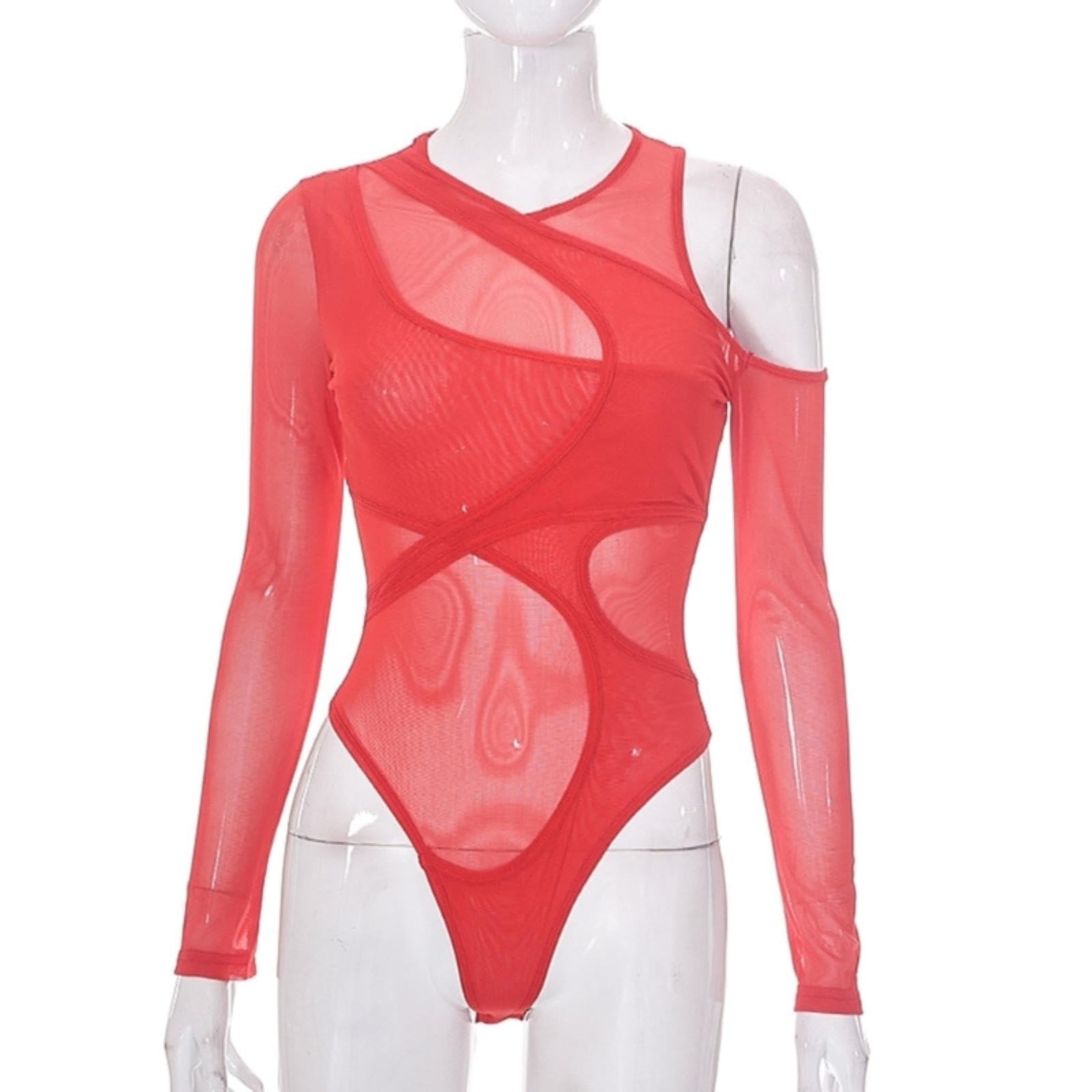 Mono Sexy de Manga Larga asimétrico con Hombros Descubiertos para Mujer, Monos Ajustados de Malla con Cuello Redondo y Transparencias