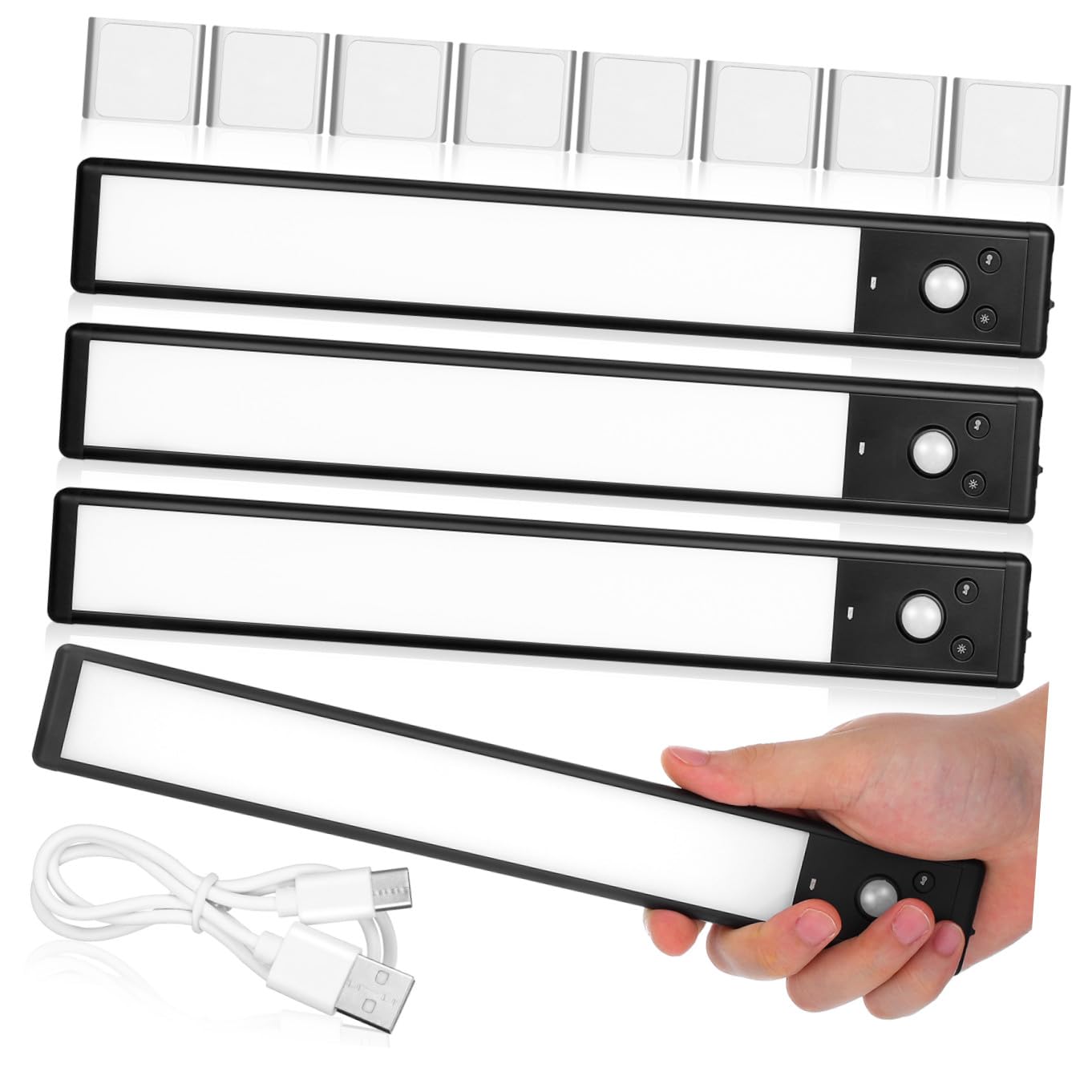 Yardwe 4 Piezas Luces LED de Cocina Debajo del Gabinete Sensor de Movimiento, Color Negro, Recargables Rápido, Cobertura Amplia para Pasillos y Armarios