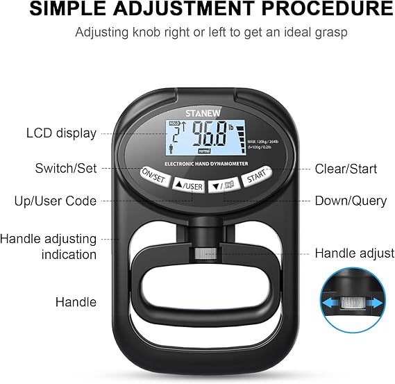 Stanew Electronic Hand Grip Dynamometer, 264 lb/120 Kg Electronic Grip Strength Tester, Adjustable Training Gauge, Hand Grip Strength Tester for Sport Home School Use