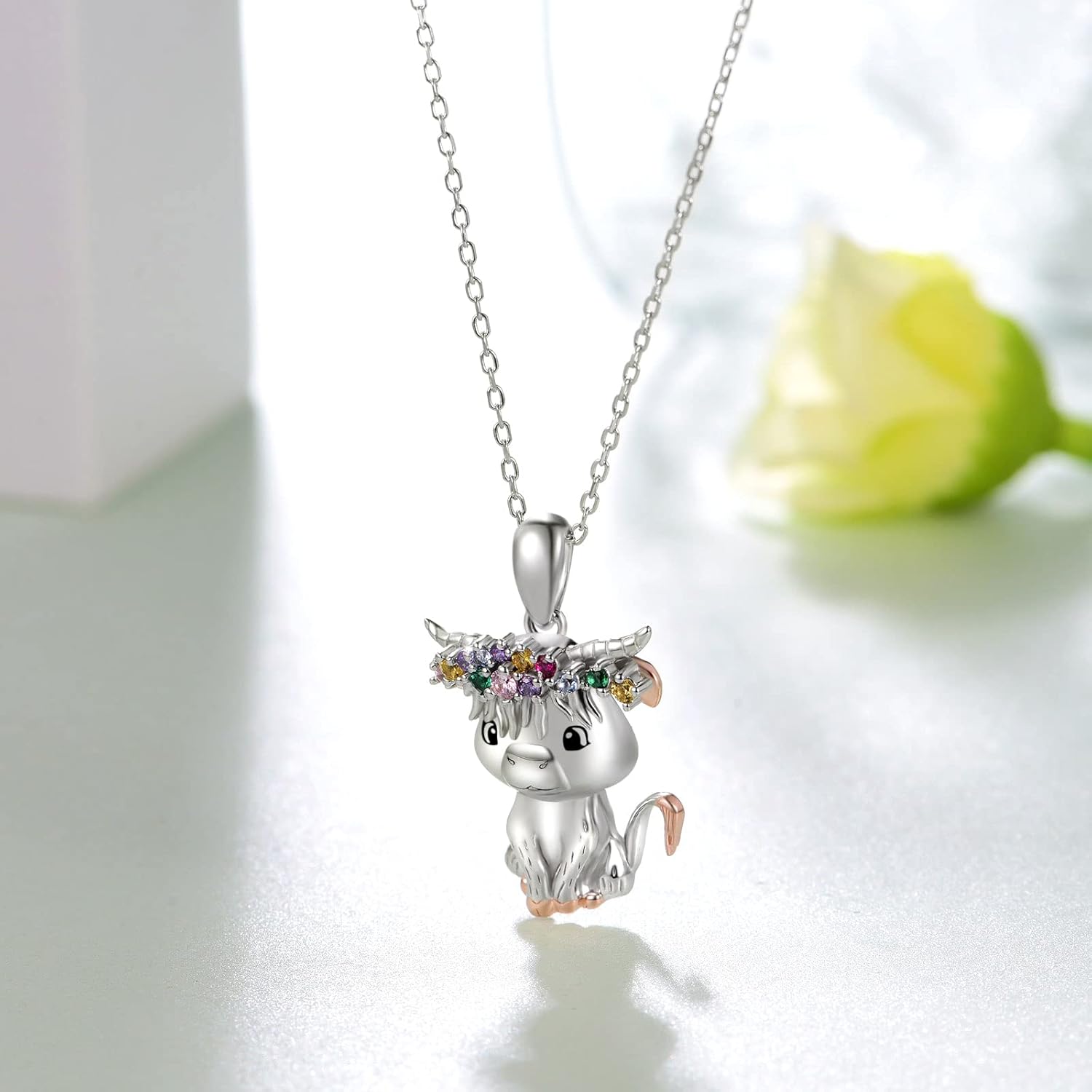 Highland Cow/Axolotl/Goat/Panda/Giraffe/Raccoon Necklace 925 Sterling Silver Animal Pendant Necklace with Colored Zircon Animal Jewelry Gift for Girls Women Daughter - Image 4