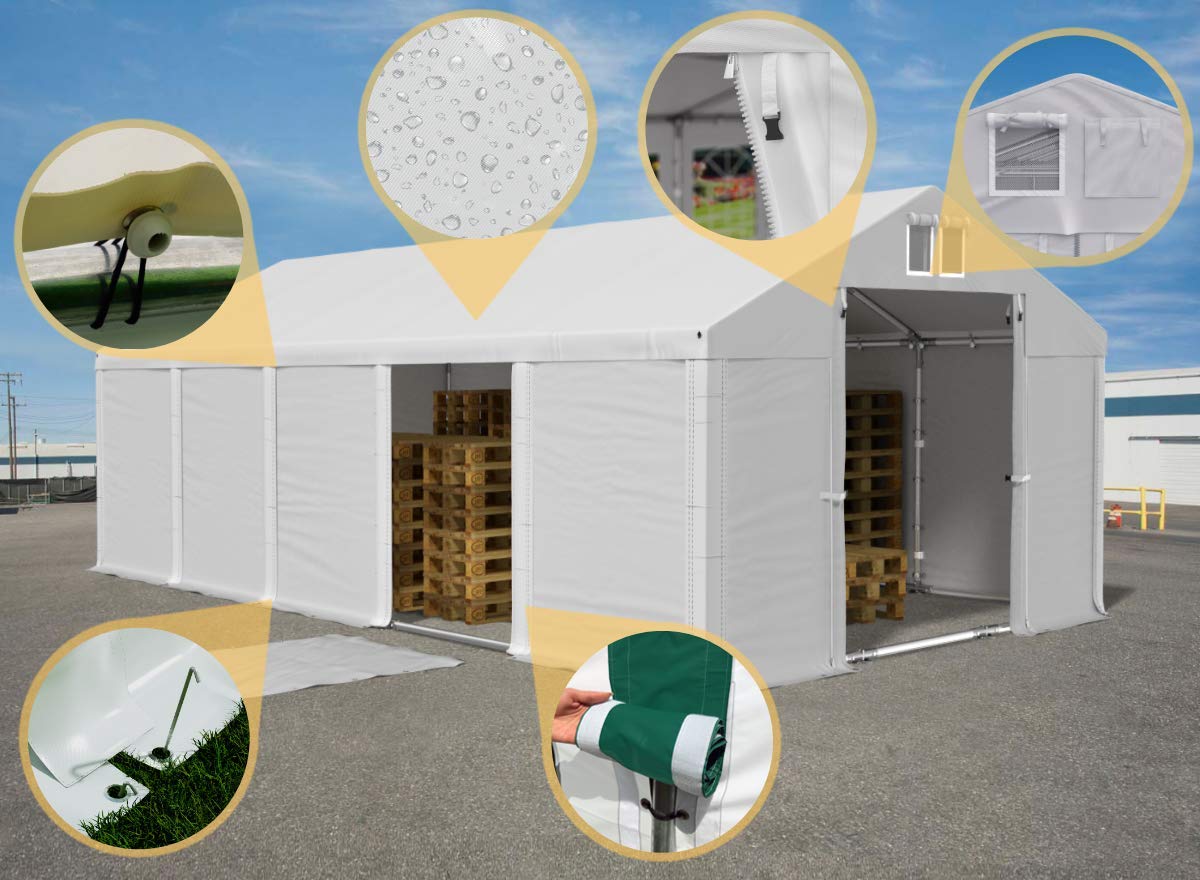 Lagerzelt 4x8m wasserdicht mit Bodenrahmen und Dachverstärkung grau Zelt 560g/m² PVC Plane hochwertig Zelthalle Summer Plus SD - Faltpavillon - Gartenpavillon - Pavillon