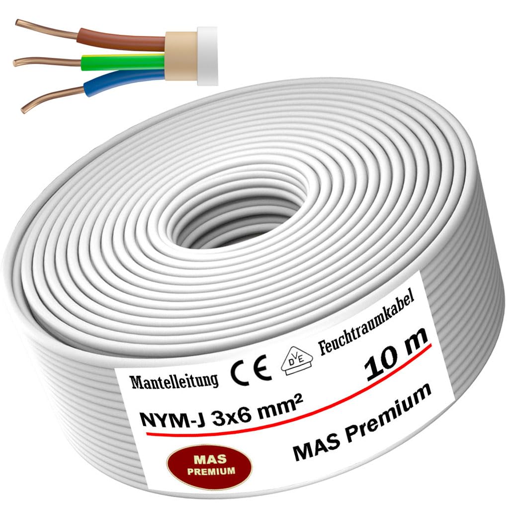 MAS-Premium Cable de alimentación para ambientes húmedos, cable de alimentación de 5 a 80 m, cable con funda NYM-J, 3 x 6 mm², rollo de cable eléctrico para instalación fija (10 m)