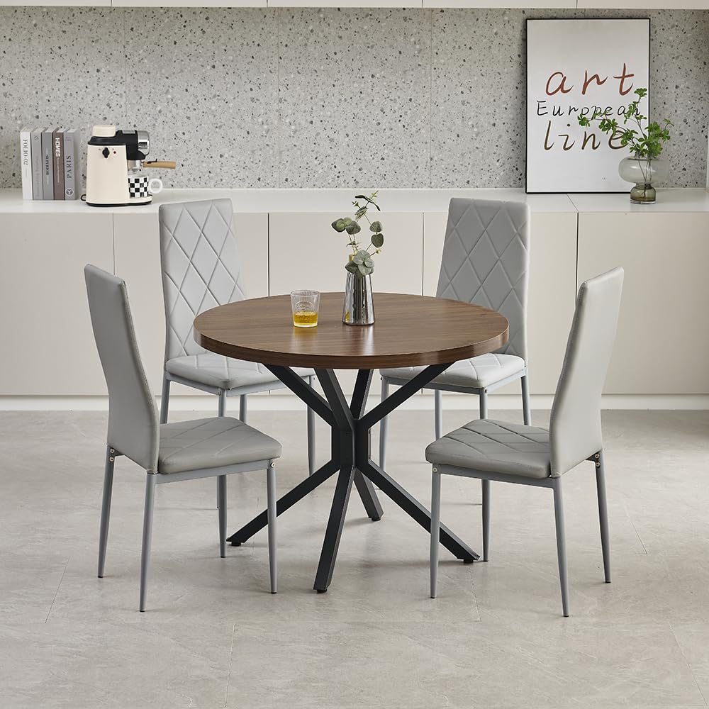 Menaka Round Dining Table and Chairs Set of 4 for Kitchen Diner, 5 Pieces Oak Wood Table with 4 Chairs for Compact Dinette Restaurant (4 Argyle Grid Grey Leather Chairs#2, 95cm Walnut Brown Table)