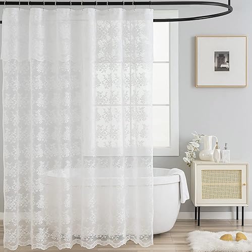 Miniatura 8 de TUDECO Cortina de ducha blanca tamaño establo  Cortina de ducha de encaje campestre de 36 x 72 pulgadas con cenefa de fijación, cortina de ducha