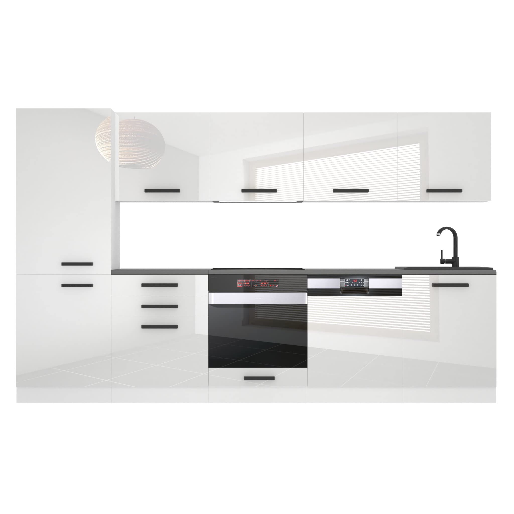 Belini, Rose - Cucina monoblocco, 300 cm, cucina componibile, senza elettrodomestici, con armadietti pensili e mobiletti, senza piani di lavoro, bianco lucido