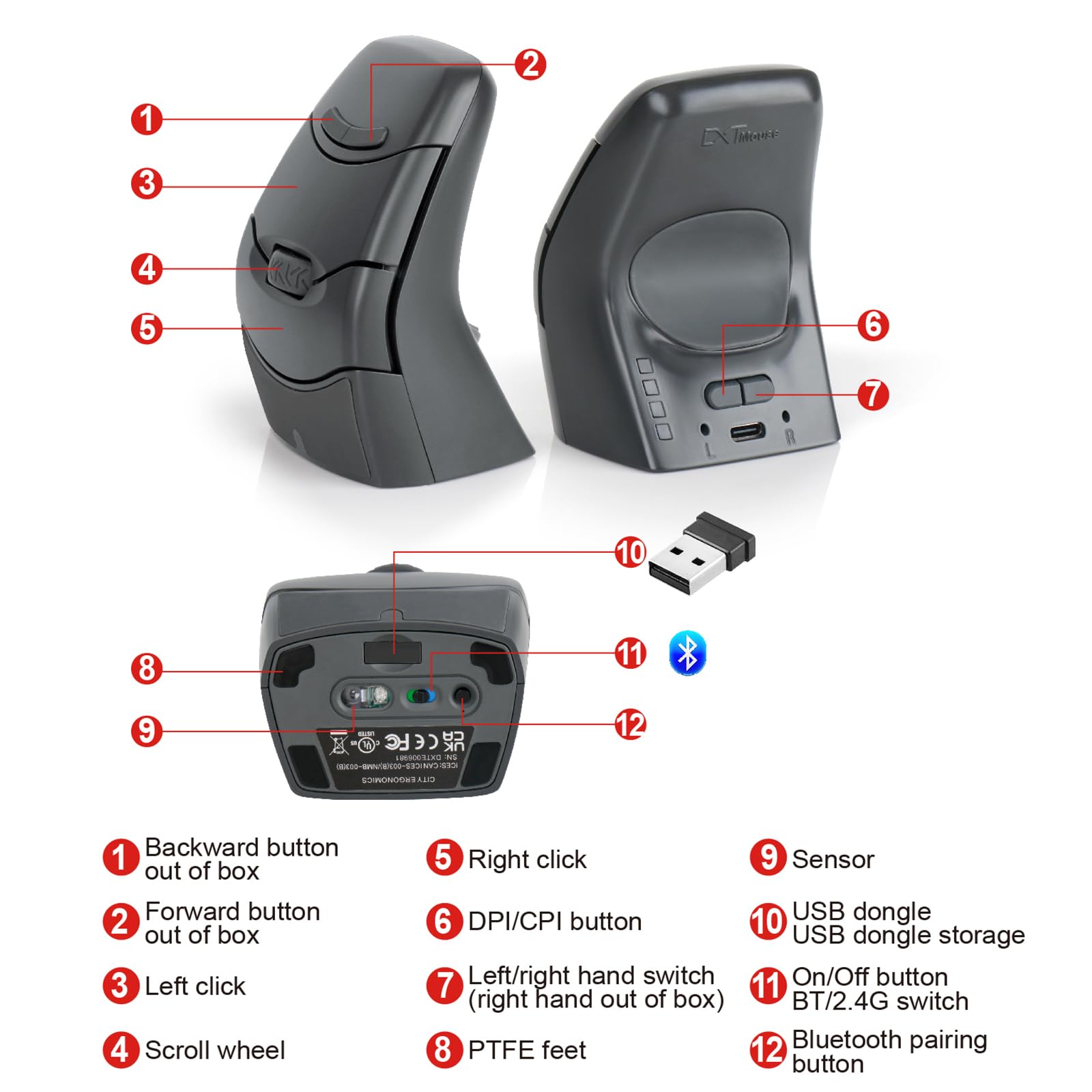 DXT - Ratón inalámbrico ergonómico vertical, Bluetooth y 2.4G 2 en 1, recargable, gris