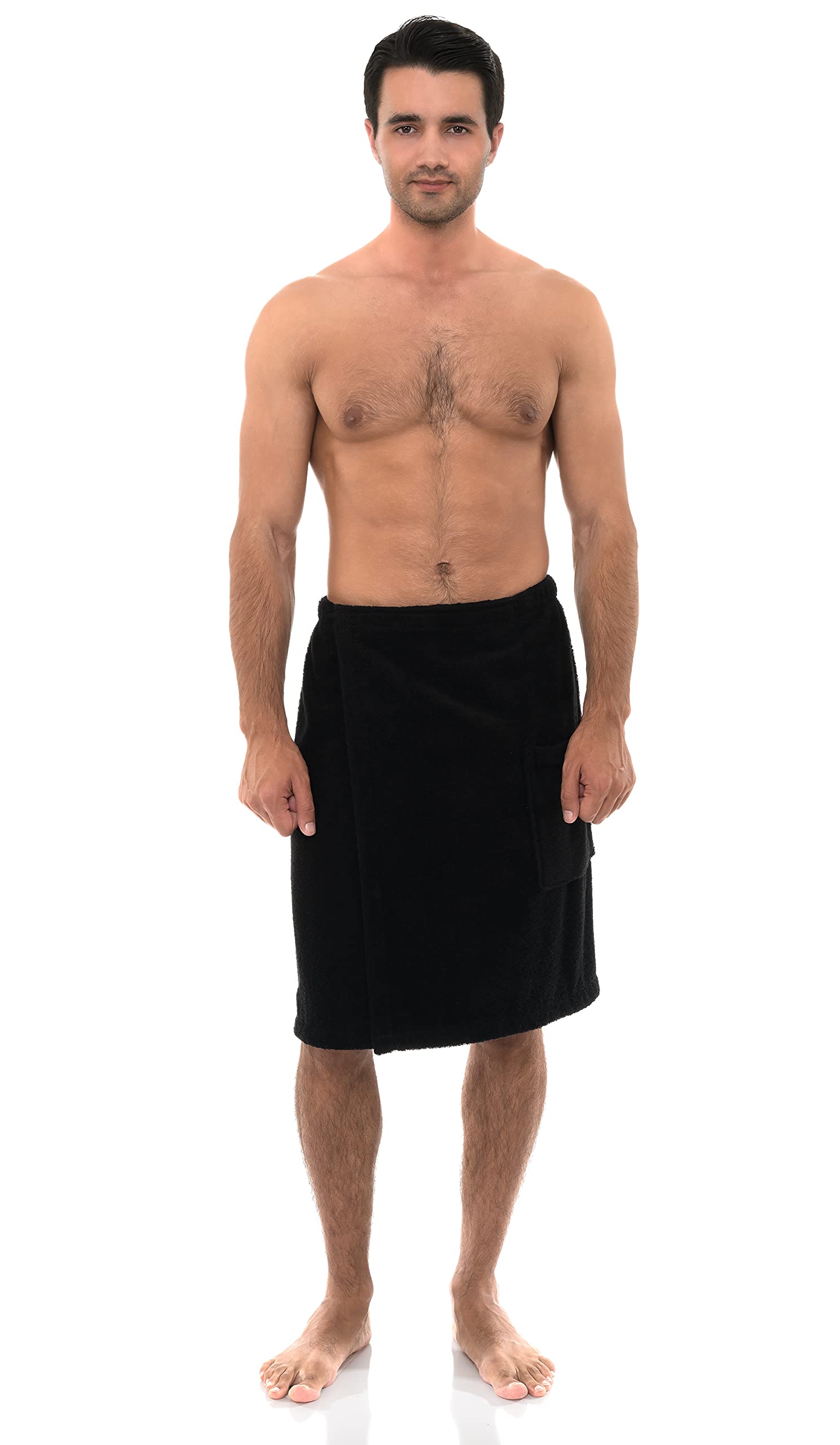 TowelSelections Mens Shower Wrap Adjustable Cotton Terry Cloth Spa Bath Towel Wrap Sauna Gym Towels for Men Small-Medium Black