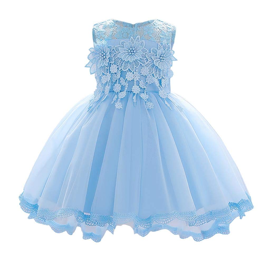 IMEKIS Robe de princesse en dentelle pour bébé fille - Sans manches - Avec nœud papillon - Pour fête, concours de beauté, mariage, anniversaire, baptême, 1 robe bleue, 18-24 mois