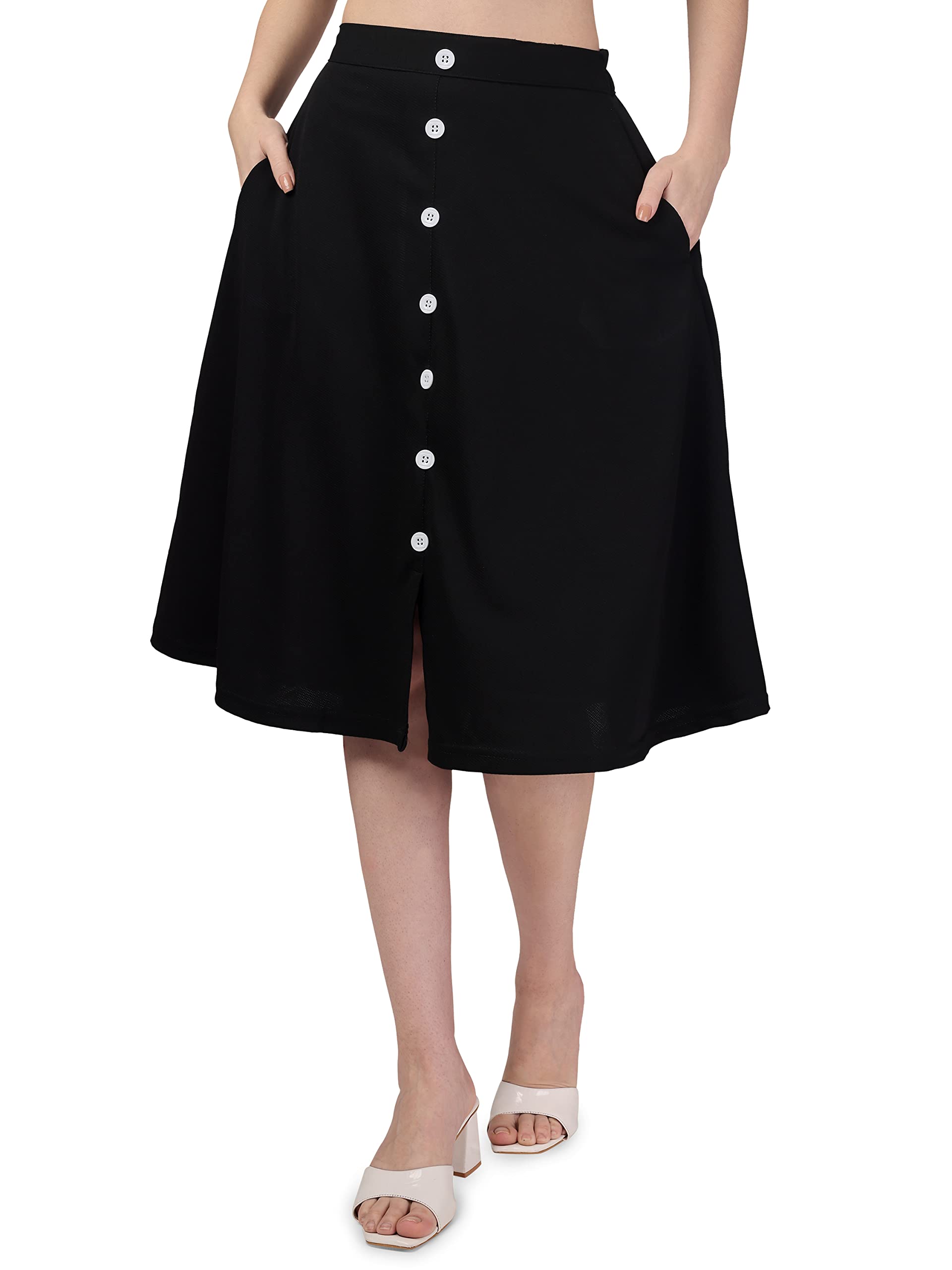 Areca's Black Cotton Lycra Blend Flared Knee Length Skirts-image-32
