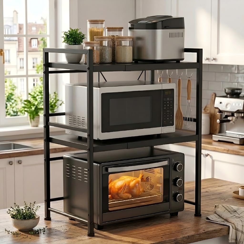 Supporto da forno a microonde estensibile, organizer da cucina a 2 livelli con 3 ganci, ripiano in acciaio al carbonio, capacità di peso di 55 LB, nero (2 livelli)