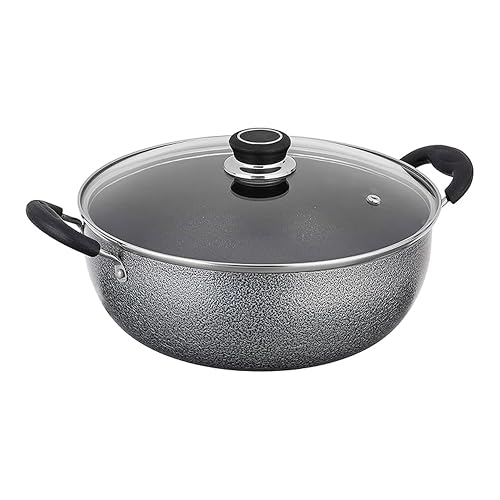 Amazon Solimo Non-Stick Kadhai With Glass Lid | 26 Cm | 4 L | Hammerstone Finish | 3 Coat, 2.9 Mm Thickness|Black