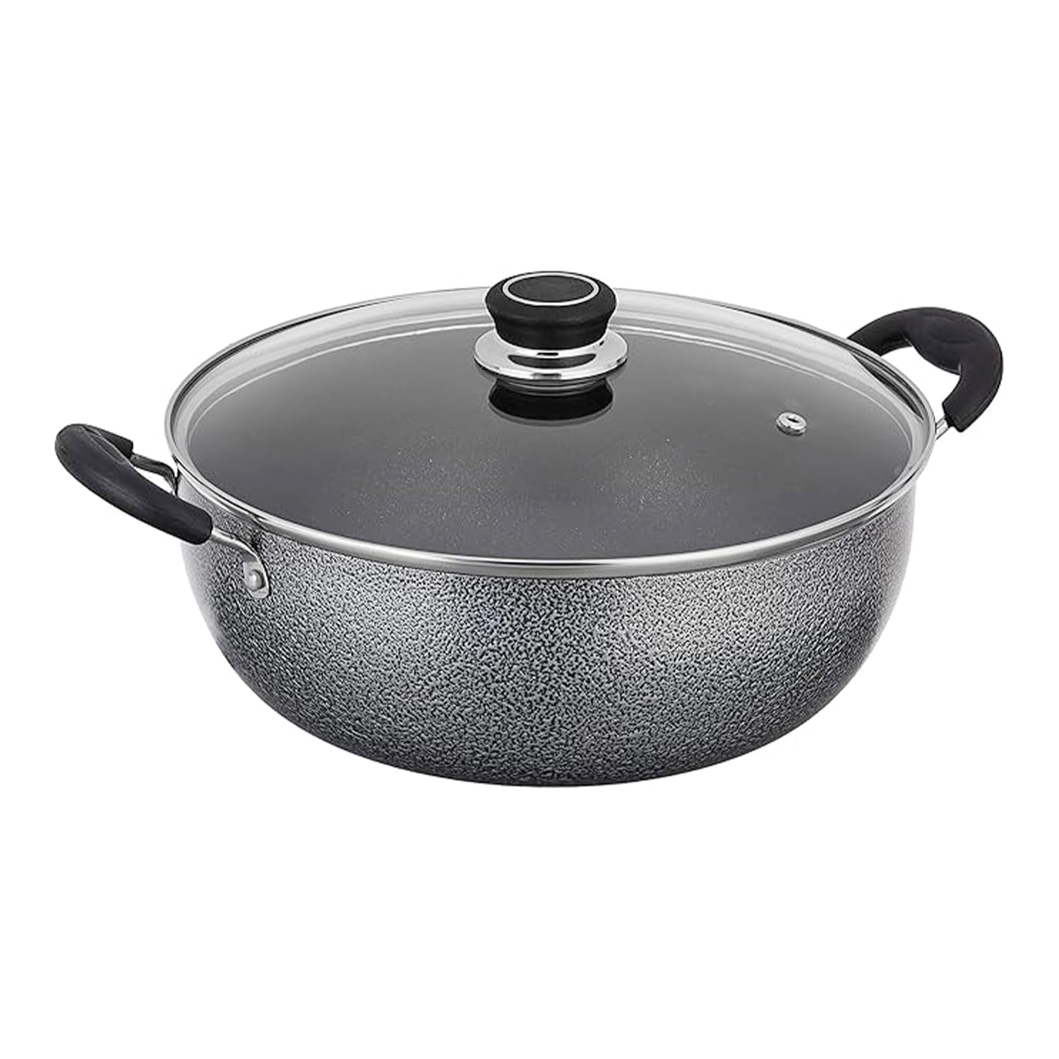 Amazon Solimo Non-Stick Kadhai With Glass Lid | 26 Cm | 4 L | Hammerstone Finish | 3 Coat, 2.9 Mm Thickness|Black