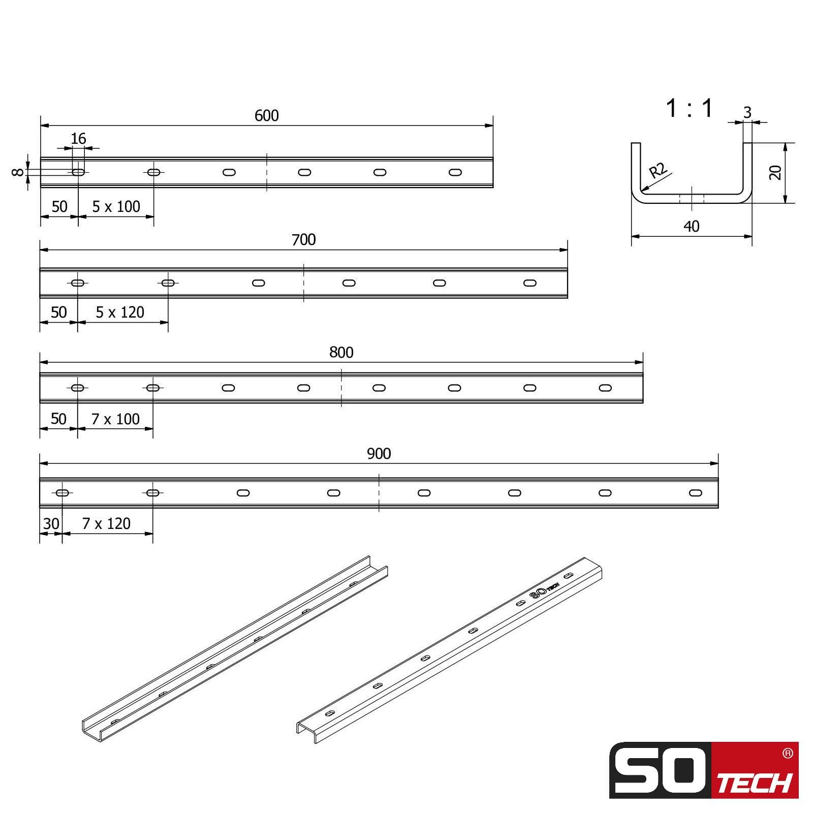SOTECH Molduras de cumbrera 60 x 4 x 2 cm 3 piezas Acero en forma de U | en aspecto industrial para tableros de mesa / incl. tornillos de fijación y casquillos para atornillar Perfil de refuerzo