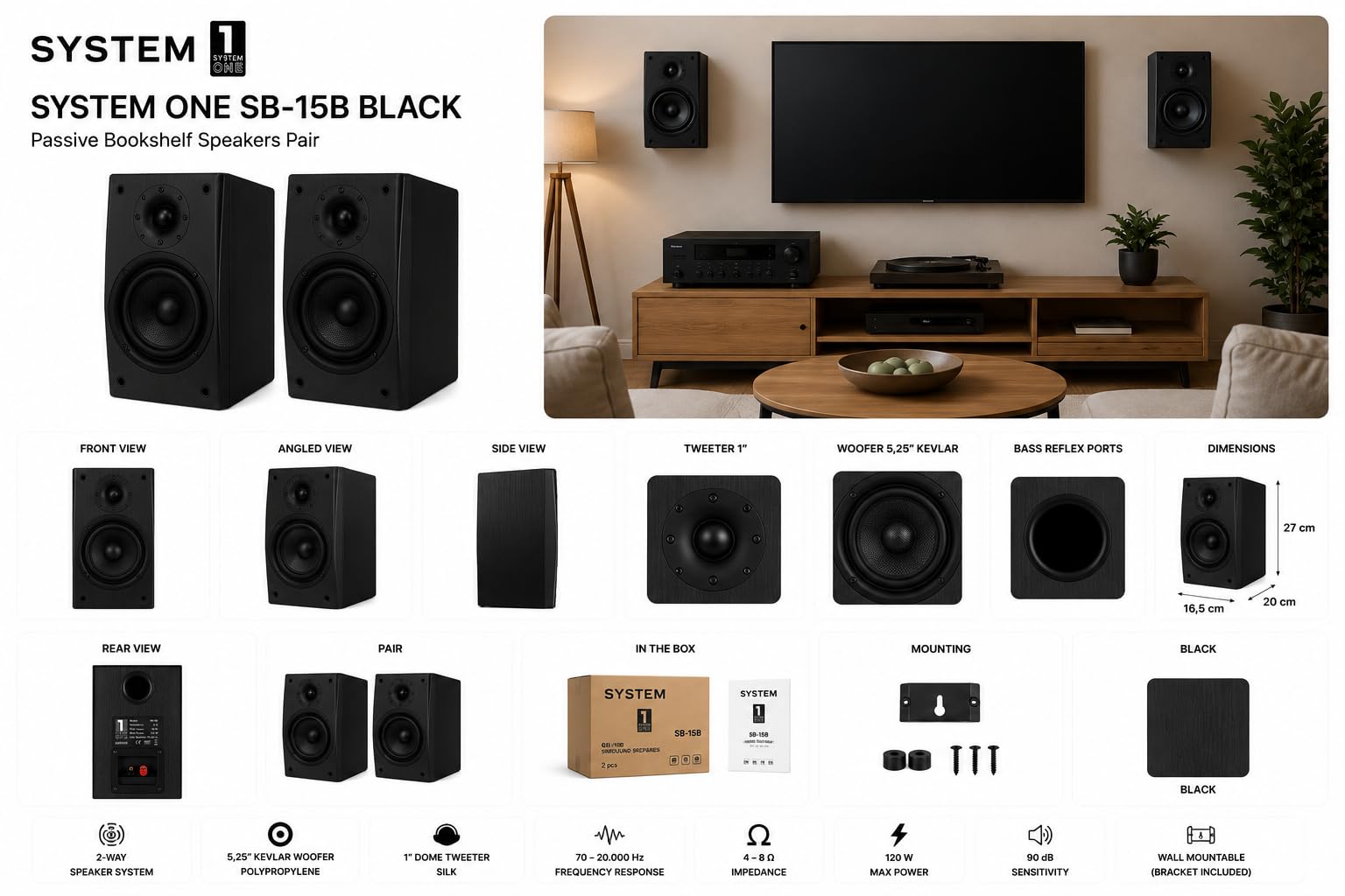 System One SB-15B Nero – Coppia Diffusori da Scaffale HiFi 2 Vie Passivi – Woofer Kevlar 5.25" + Tweeter Seta 1" – 60W RMS – 4 Ohm – Bass Reflex – Home Cinema e Musica – NON Bluetooth.