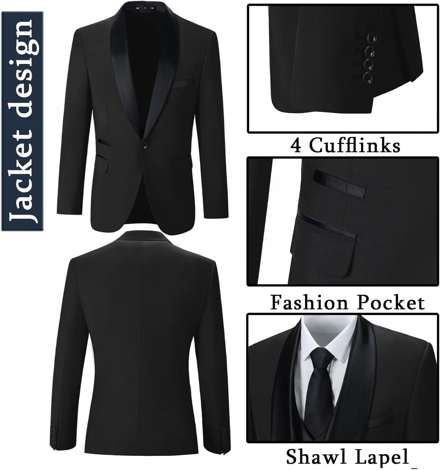 Men's Tuxedo 3 Piece Slim Fit Suit One Button Shawl Lapel Blazer Wedding Prom Jacket Double Breaste Vest Pants