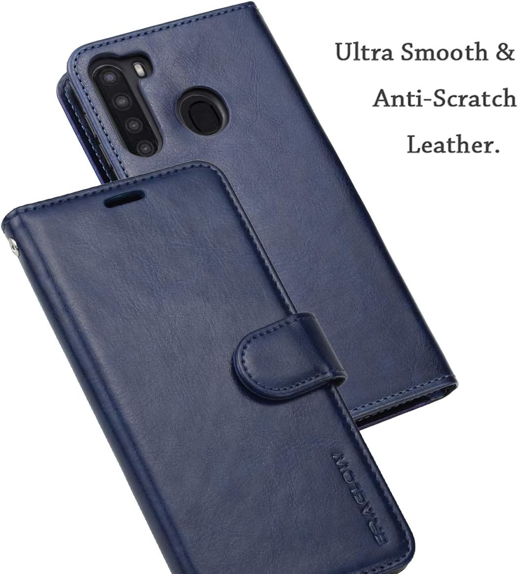 ERAGLOW for Galaxy A21 Case, PU Leather Wallet Case Flip Protective Phone Cover [Stand Feature] with Wrist Strap and [4-Slots] ID&Credit Cards Pocket for Samsung Galaxy A21 2020(Blue)