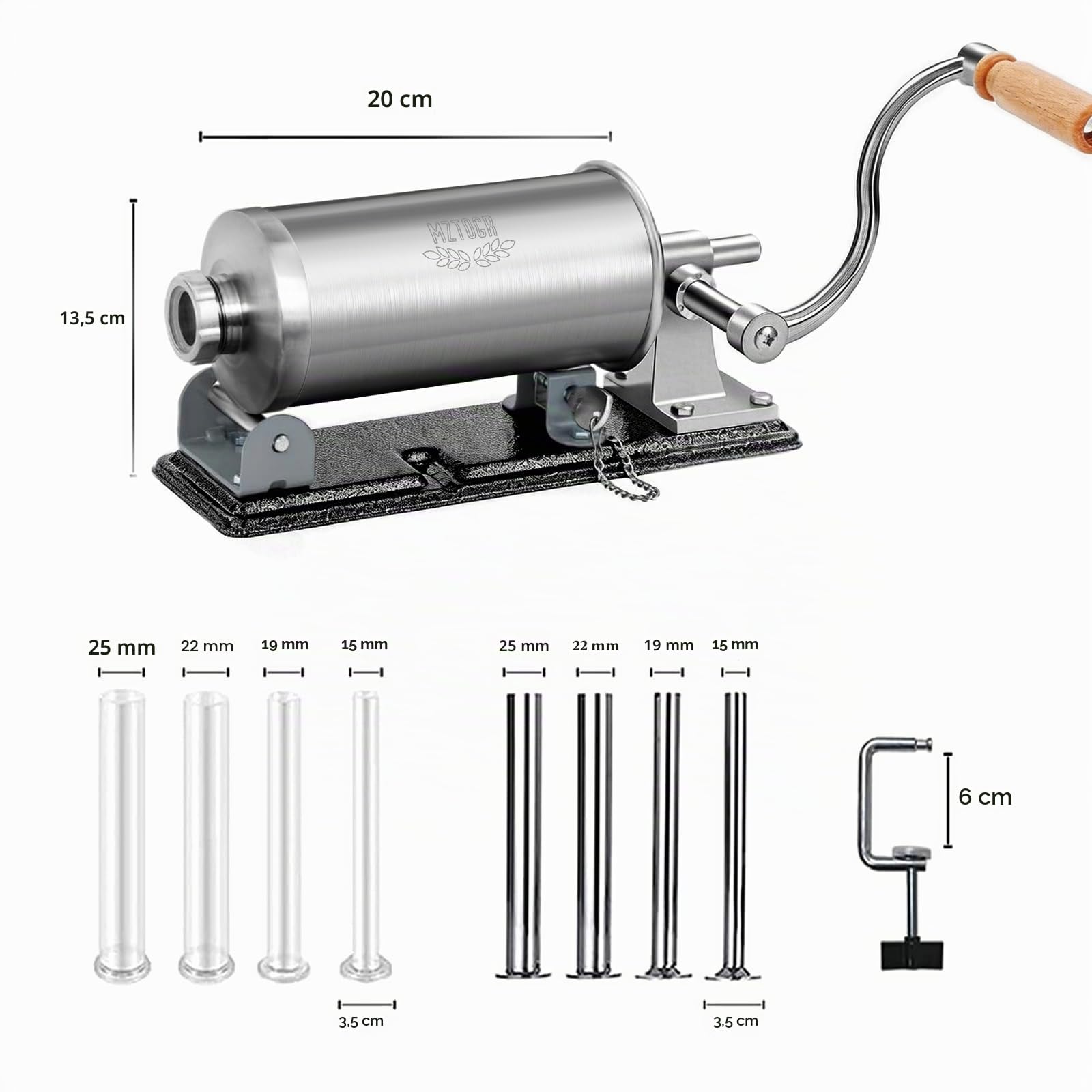 MZTOGR Riempitore per salsicce – Macchina per salsicce manuale fatta in casa in acciaio inox, macchina da cucina per riempimento di carne, confezione da 8 tubi (MZ-HOR-2.5LBM)