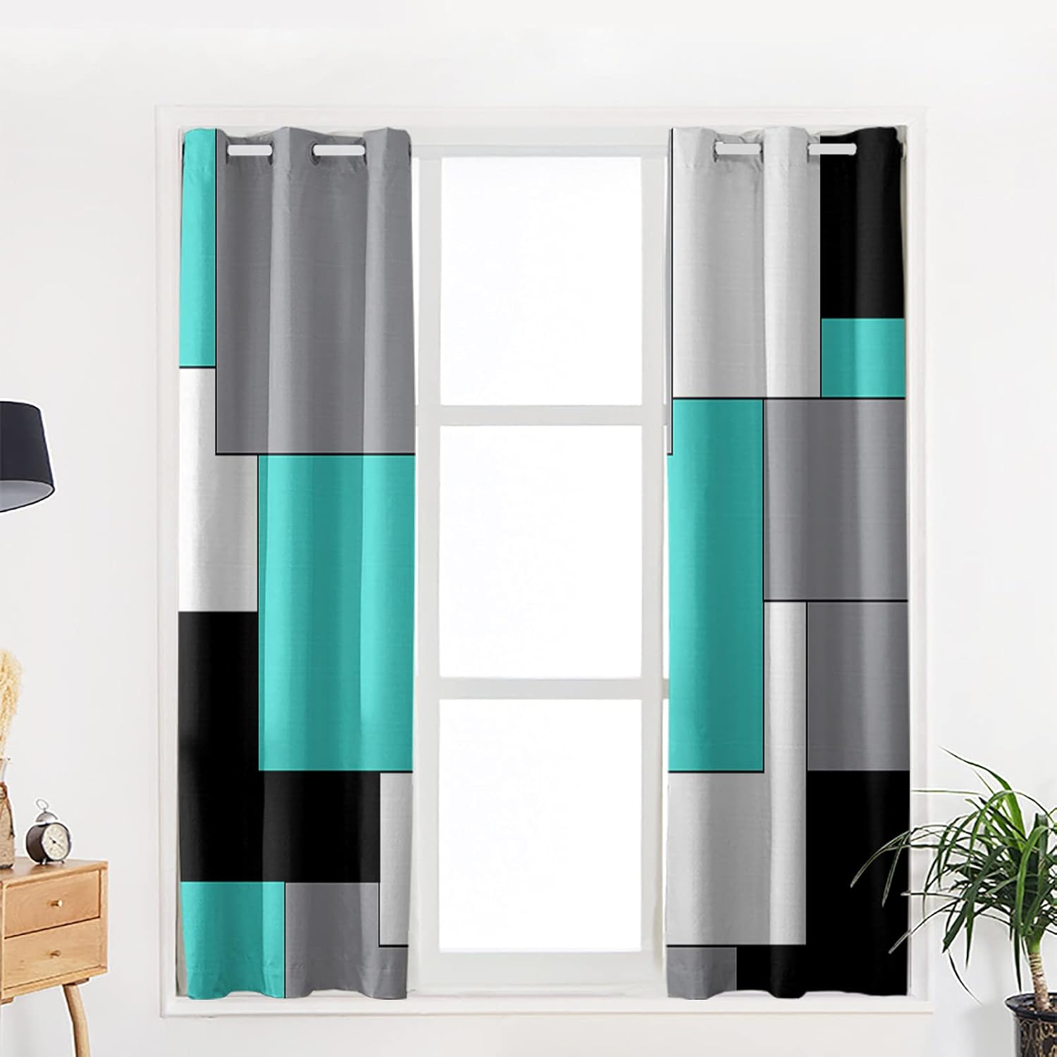 Turquoise Black and Grey Blackout Curtains 39 inches Long 2 Panels Set, Modern Patchwork Art Abstract Room Darkening Curtains Grommet Thermal Insulated Window Drapes for Living Room Bedroom Decor