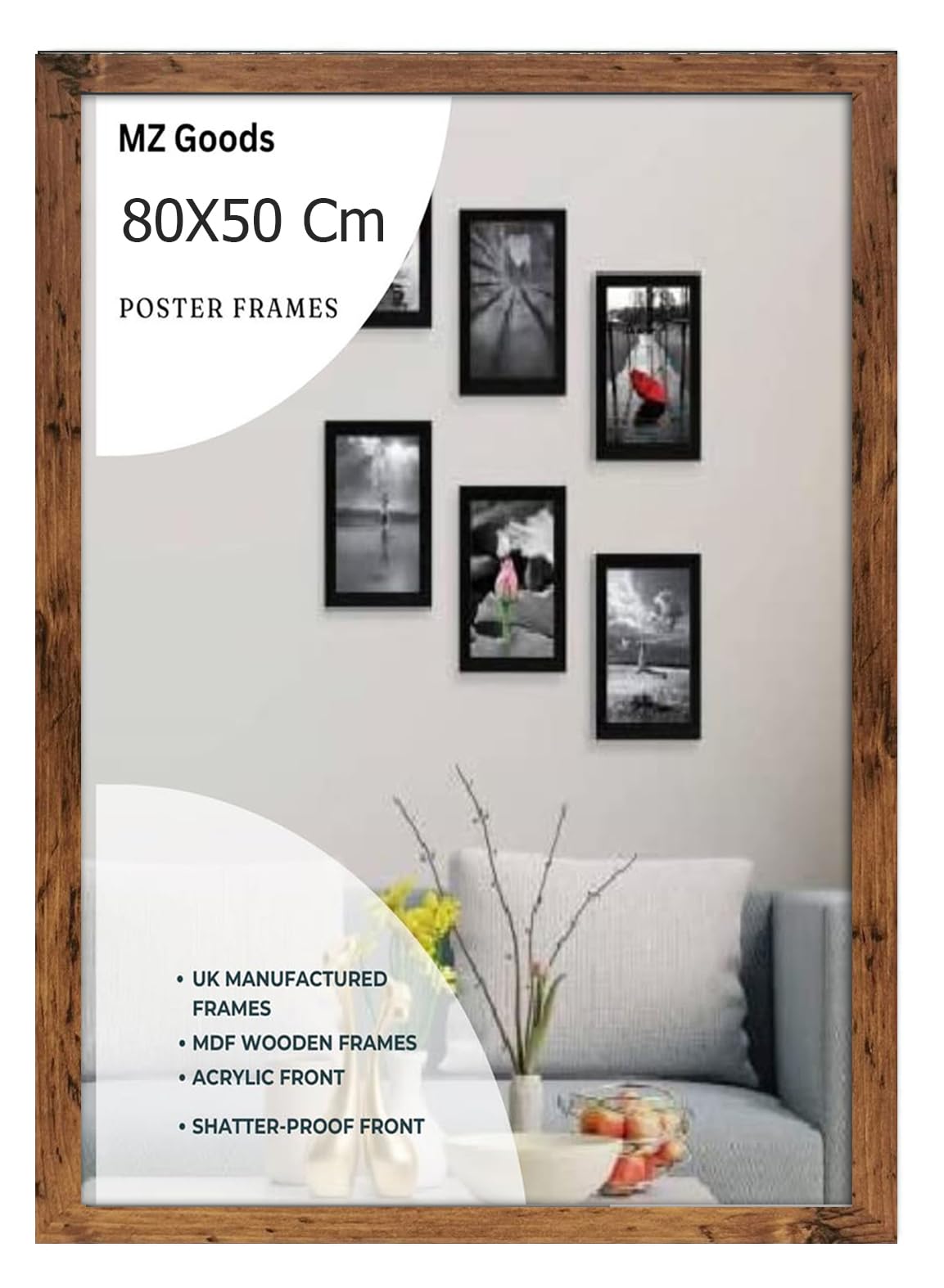 Mz Goods Rustic Modern Mdf Wooden Wide Frame | 80X50 Cm Poster Frames Durable Sleek Acrylic Front | Jigsaw Puzzle Picture Frames Large Art Display For Home & Office Décor