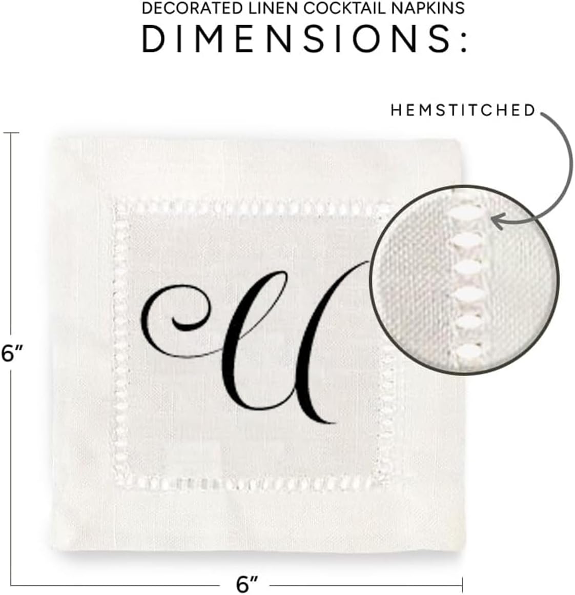 Jolitee Decorative Hemstitch Cocktail Napkins with Printed Initials U – 6"x6" Linen-Like Washable Fabric – Handmade Cloth Napkins for Entertaining, Parties, and Everyday Use