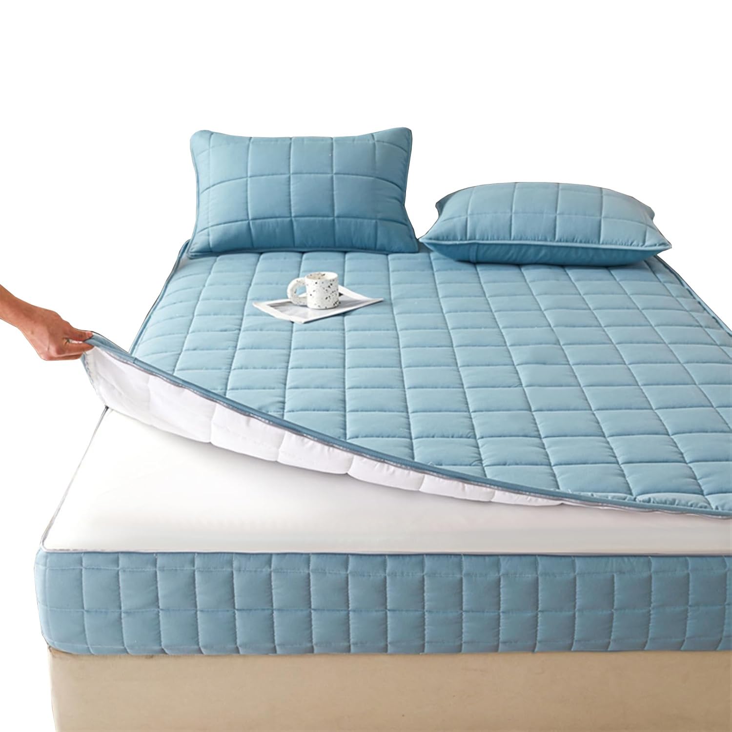 Zestaw ochraniaczy na materac z miękkim zamkiem błyskawicznym 90 x 200 / 140 x 200 / 160 x 200 / 180 x 200 cm, zawiera 2 poszewki na poduszki, bardzo miękkie niebieskie Dus Blue, idealne do wygodnego