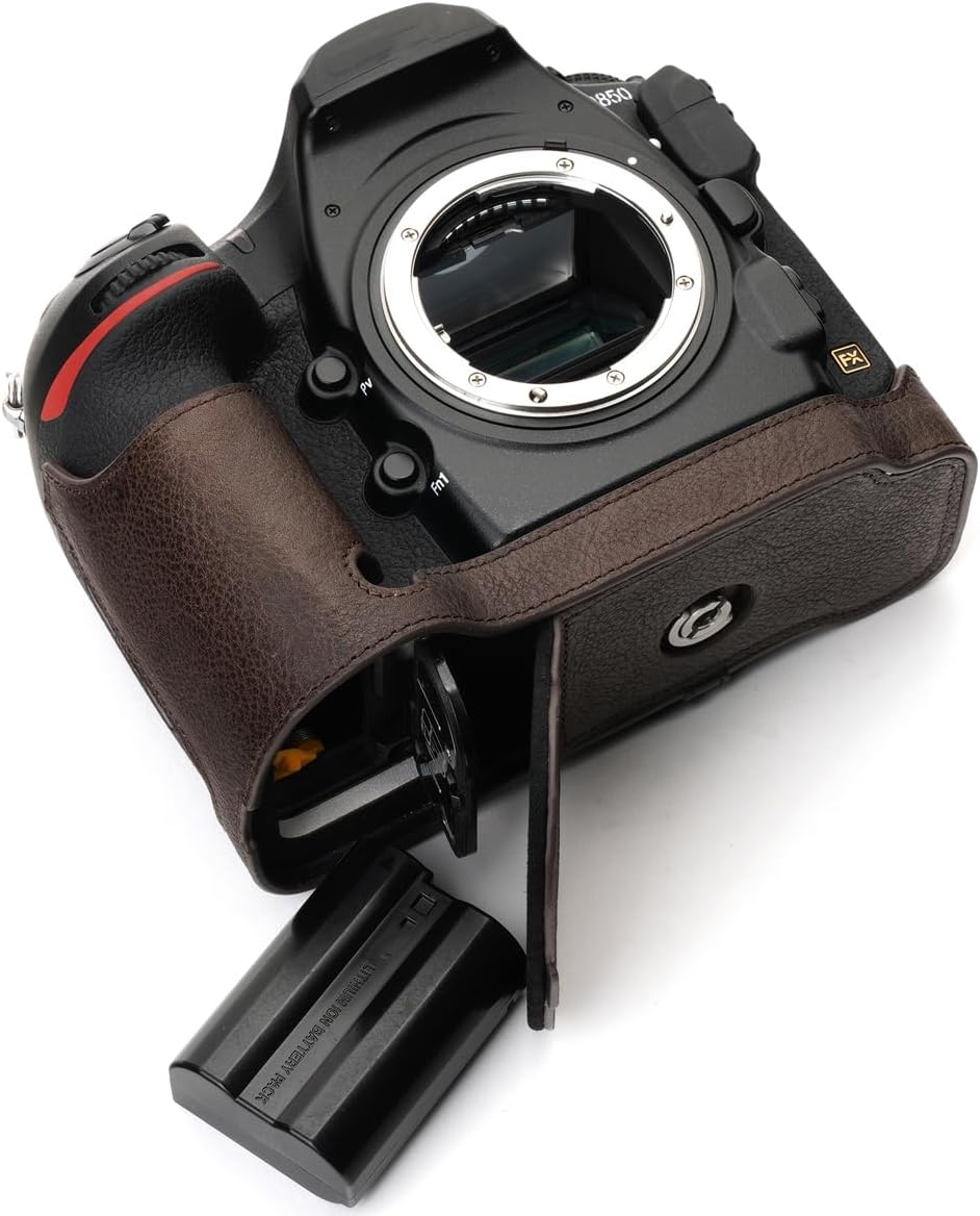 Handmade Genuine Real Leather Half Camera Case Bag Cover for Nikon D850 Coffee Color