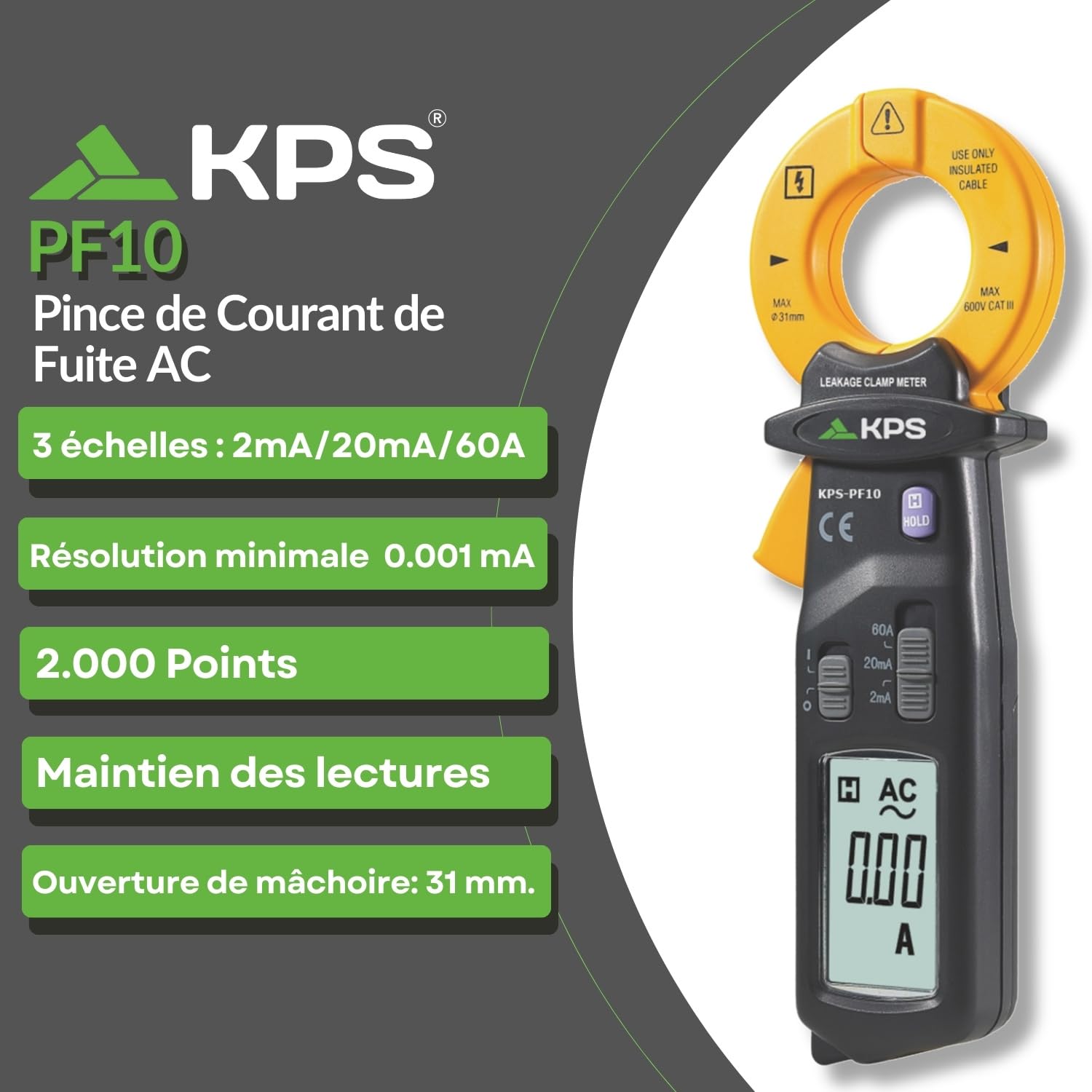 KPS-PF10 Pince Ampèremétrique de Fuite AC 60A 2000 points CAT III Courants de fuite à la Terre.