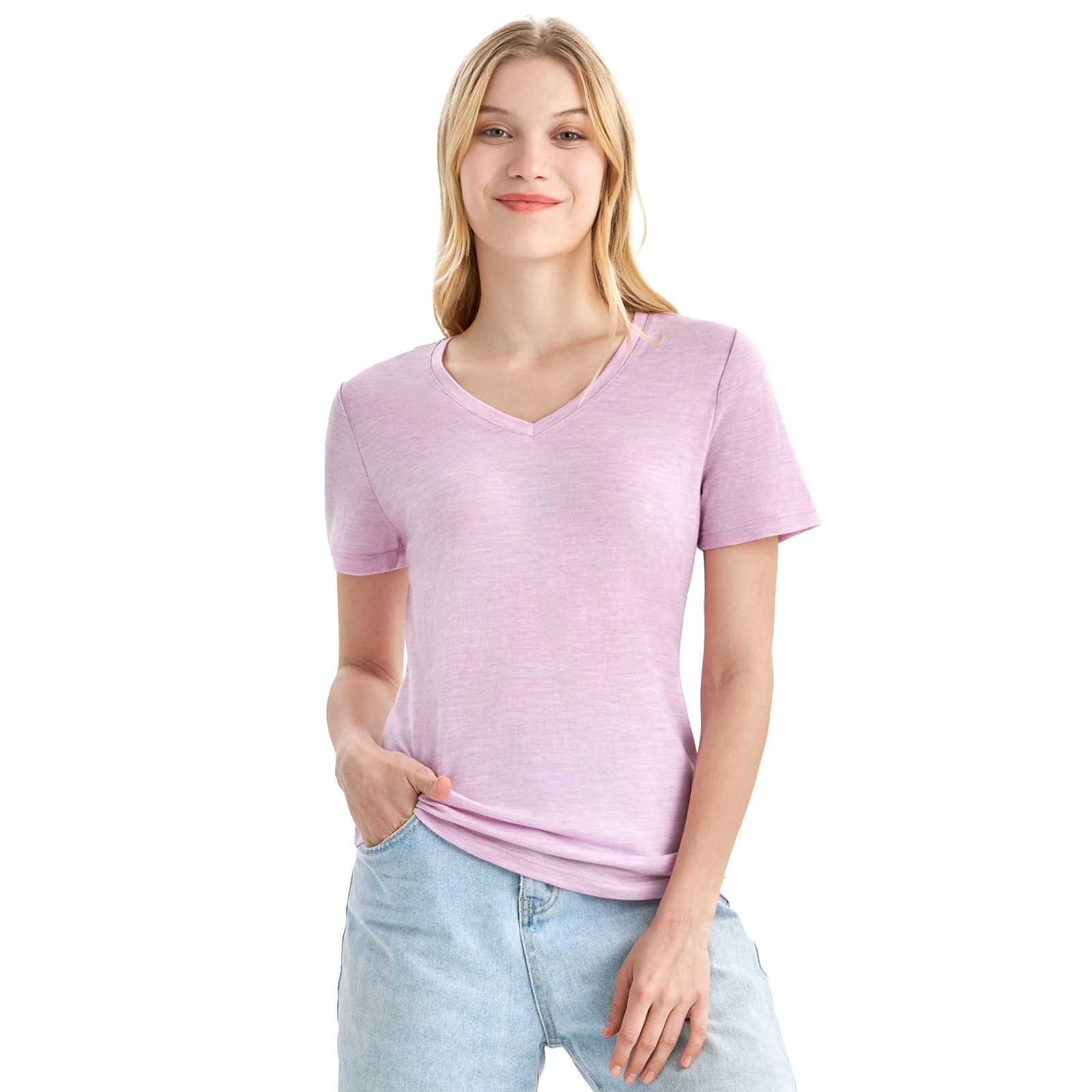 Merino Protect 100% Merino Wool V Neck T-Shirt for Women Short Sleeve Base Layers Odor Resistance Tops for Outdoor Hiking