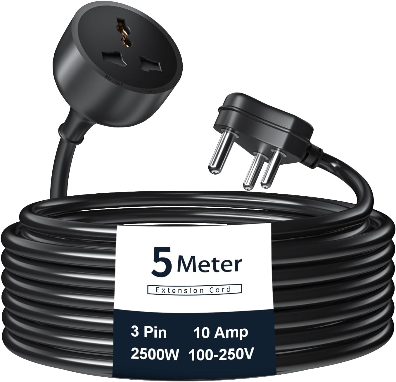 Hoteon Extension Board with 5 Meter Heavy Duty Long Wire Cord, Single Outlet Socket 2500W 10A Expandable Electric Extension, 3 pin Extension Cord, (5M / Black)-1Pcs