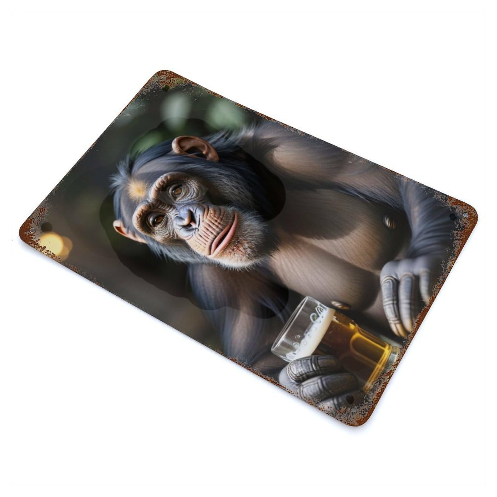 Garage Style Chimpanzee Drinking Funny Rusty Metal Tin Sign 11.8"x7.9", Shabby Chic Decor for Bar And Workshop