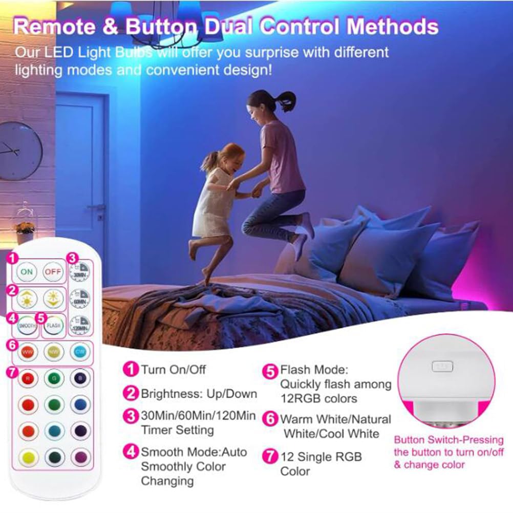 Żarówka LED E27 RGB z pilotem zdalnego sterowania, żarówka akumulatorowa USB 4W z timerem, inteligentna żarówka 15 kolorów + 3 temperatury barwowe, żarówka awaryjna ze zdejmowanym uchwytem na żarówkę