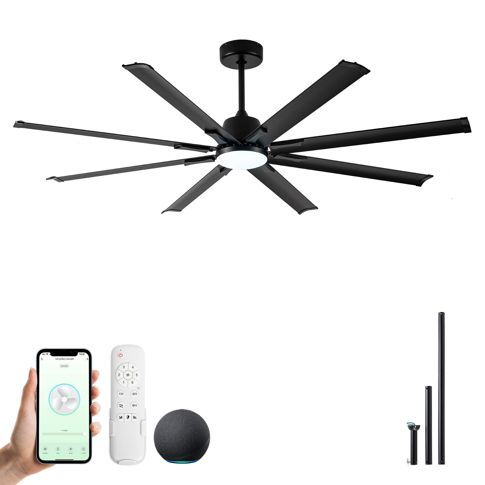 Photo 1 of Minislak 72 Inch Ceiling Fan with Light,Industrial Ceiling Fan with 8 Black Aluminium Blades,Smart Fan Compatible with Alexa,Garage Outdoor Indoor Fan for Patio and Living Room