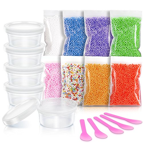 Slime Foam Beads, Teenitor Crunchy Slime Making Kit with 8 Pack Styrofoam Foam Balls, 5pcs Slime Storage Containers 4.5oz & Slime Mixing Spoons for Slime Beads Arts Crafts Party Decoration