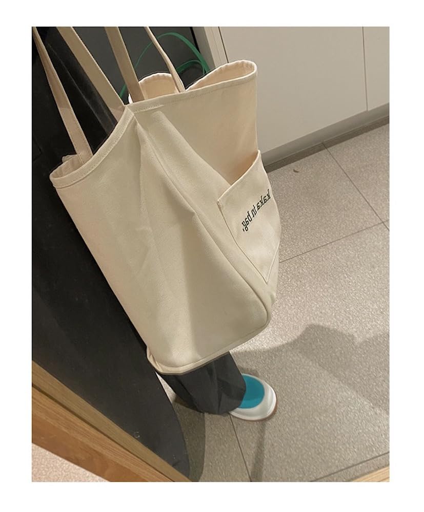JHTPSLR Streetwear Aesthetic Canvas Tote Bag Women Ins Style Large Capacity Shoulder Bag Shopping Bag Grocery Bag (Beige)