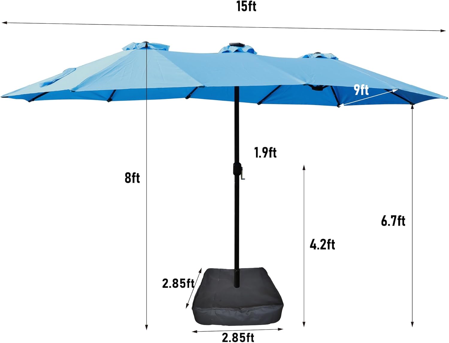 15ft Solar Patio Umbrella 48 LED Lighted Large Double-Sided Rectangular Outdoor Twin Patio Market Umbrella with Crank,Umbrella Base Included