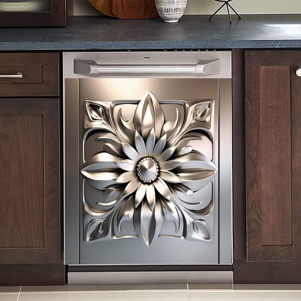 Laser-Cut Floral Dishwasher Magnet Cover - Flat Stainless Steel Look Decal for Appliances (23"x17" & 23"x26") Reusable Scratch-Resistant Magnetic Sticker for Fridge/Dishwasher/Washing Machine