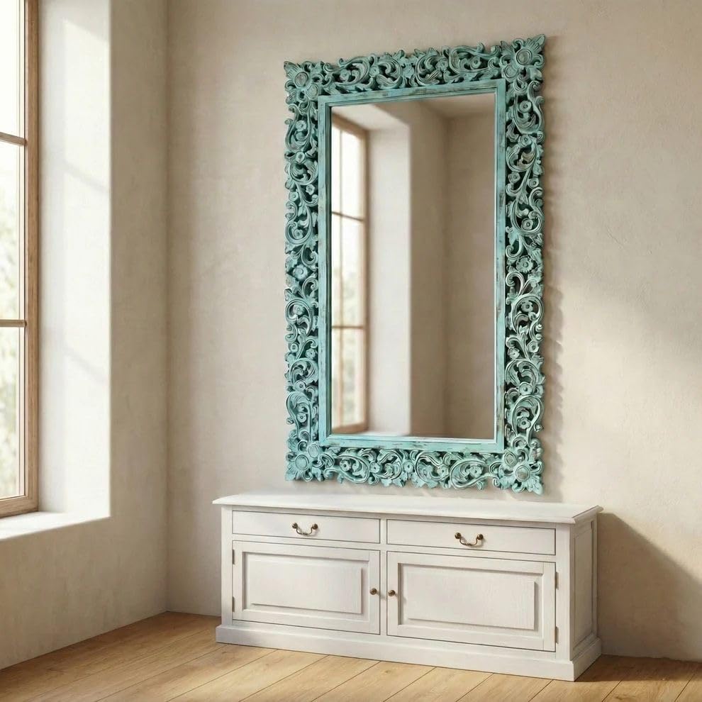 Wooden Wall Mirror Frame Size (24x48) Inch Only Frame Without Mirror Glass Colour Antique Green Wood Carving Design Frame The Comes Without A Mirror-image-48