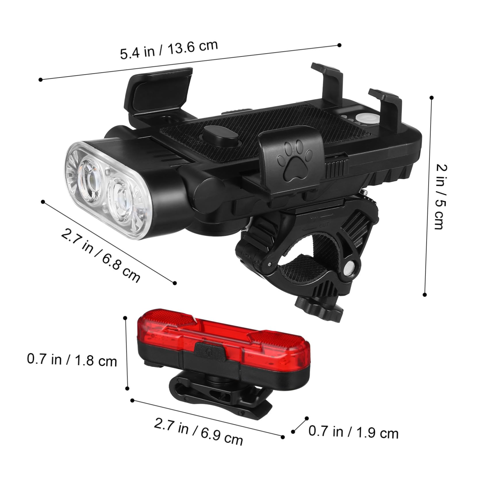 BESTonZON Luci Bici Anteriori e Posteriori Ricaricabili, Set 4 in 1 | Batteria 4000 Mah, Abs Nero, Doppio Led, Supporto Telefono Regolabile e Clacson ad Alta Intensità