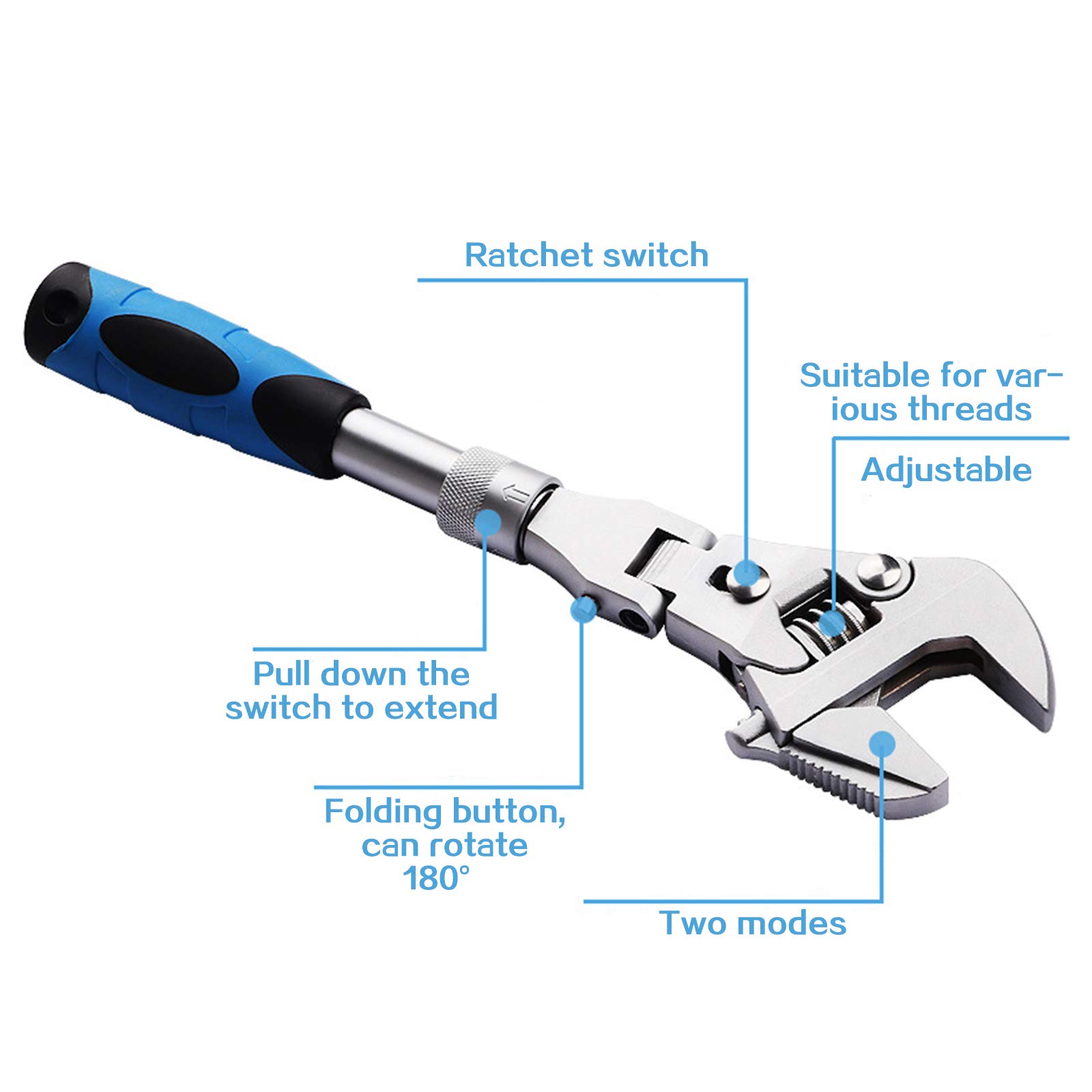 Juego de llaves inglesas ajustables Llaves de cambio, 10 pulgadas Cinco en uno Plegable Trinquete de cabeza móvil Máquina rápida for reparar agua, electricidad, aire acondicionado de baño, con cabeza