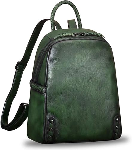 IVTG Mochila de cuero genuino para mujer, mochila vintage de cuero real, mochila de moda de alta capacidad, Verdeoscuro, Mochilas Daypack