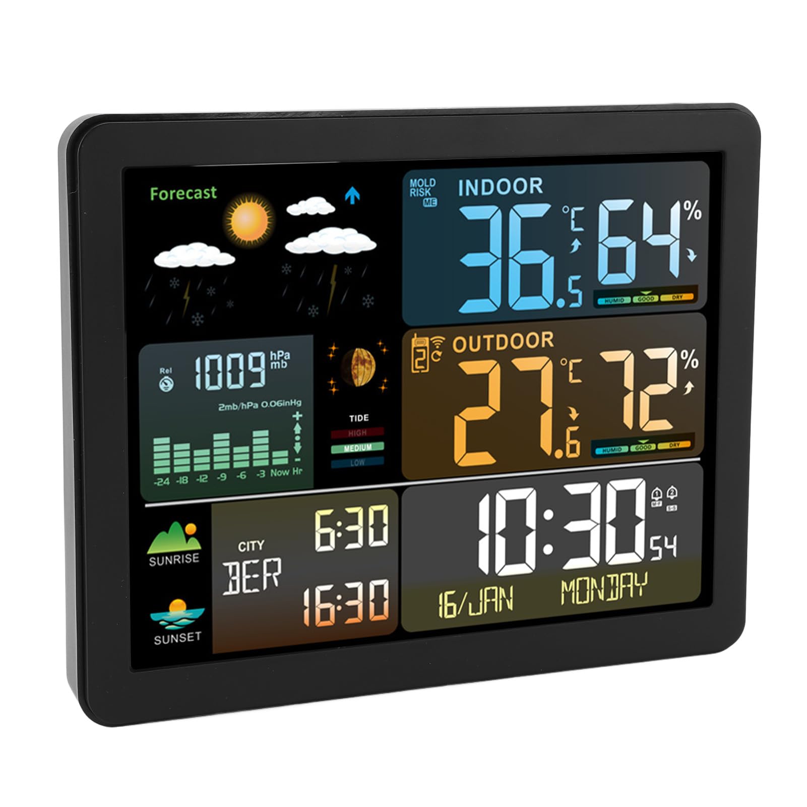 Funkwetterstation, Digitale Wetterstation mit Temperatur, Luftfeuchtigkeit, Wettervorhersage, Uhr, Drucktendenz und Dualalarm für den Innen- und Außenbereich